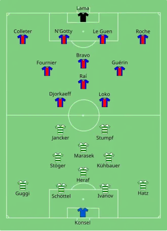 Schéma montrant les compositions des équipes lors de la finale de la Coupe d'Europe des vainqueurs de coupe remportée par le Paris Saint-Germain face au Rapid Vienne.