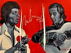 Peinture représentant, sur fond rouge, un homme chantant et un guitariste.