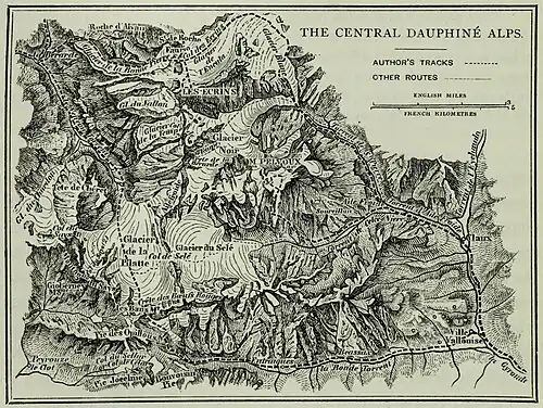 Carte du cœur du massif des Écrins, par Edward Whyper, dans son ouvrage Escalades dans les Alpes de 1860 à 1868.
