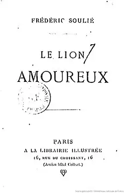 Page de garde du "Lion amoureux" où on trouve mentionné l'auteur, le titre et la maison d'édition de l'ouvrage.