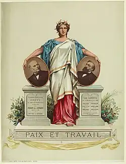 Dessin montrant la République, figurée par une femme, tenant sous ses bras deux portraits d'homme en médaillon.