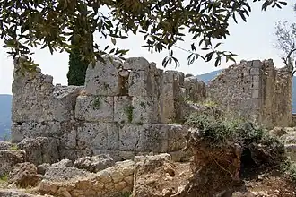 Ruines de murs construits avec de gros blocs de pierre rectangulaires ou carrés ; buisson au premier plan à droite ; arbre derrière les ruines ; ciel bleu, sommet arrondi d'une montagne vaguement perçu à l'horizon