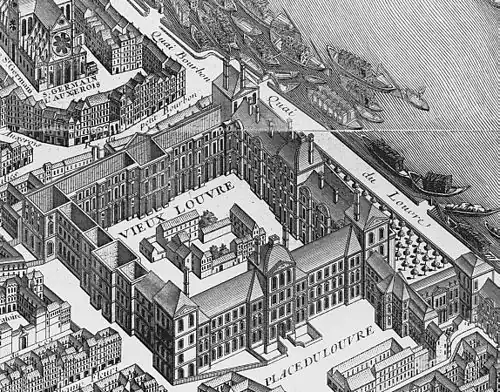 Le palais du Louvre et la cour Carrée représentée sur le plan de Turgot (1739).