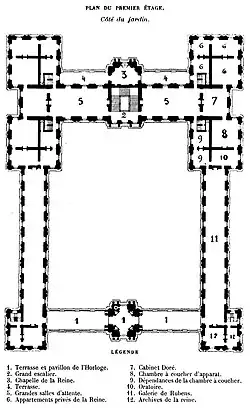 Plan du premier étage (étage noble) à sa construction, sous Marie de Médicis