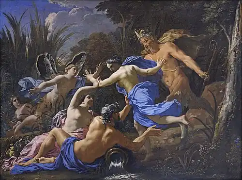 Pan et Syrinx (1657), huile sur toile, 98&nbsp;×&nbsp;131&nbsp;cm, Paris, musée du Louvre.