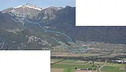 Limites de l'éboulement de 1584 : la Tour d'Aï, tout en haut, et le village d'Yvorne en bas à droite.