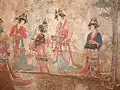 Femmes Khitan portant des vêtements de style Tang&nbsp;; Tombe Baoshan n°2 peinture murale datant de la dynastie Liao .