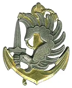 Insigne de béret parachutiste T.D.M. avec l'ancre de marine avec le bras armé de saint Michel, tenant dans sa main droite un glaive.