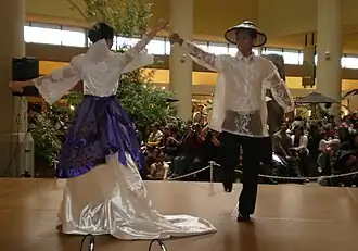 Danseurs jouant Jota Manileña, l'homme porte un barong tagalog avec un salakot.