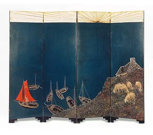 Paravent Bretagne en laque bleue, Jean Dunand, 1926.