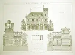 Plans en noir et blanc extraits d'un livre, du bâtiment du Pavillon du Lac, de style italien et en briques