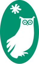 Logo stylisé représentant un hibou et une étoile blancs sur un fond oval vert.