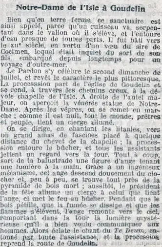 Description du pardon de la Chapelle de Notre-Dame-de-l'Isle datant de 1910 (publiée dans le journal La Croix des marins).