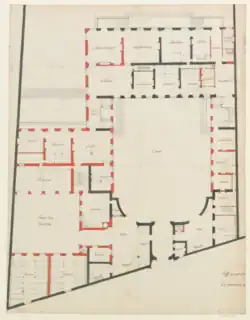 Troisième projet de rez-de-chaussée ; le bâtiment est profondément remanié, divisé entre une façade est sur jardin comportant les pièces d'apparat et une aile ouest, profondément renfoncée, incluant les pièces intimes. Les écuries donnent ici directement sur rue