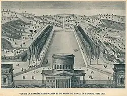 au premier plan la rotonde puis le bassin et en arrière plan le canal de l'Ourcq, sur les côtés l'artiste a figuré des arbres et quelques maisons