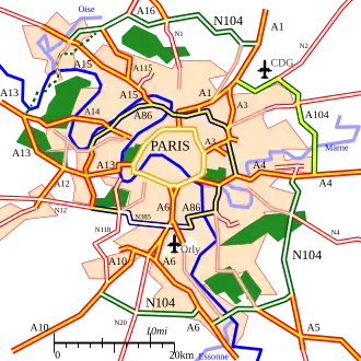 Carte des ceintures périphériques de Paris, mettant en évidence l'autoroute A104
