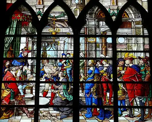 Vitrail de la justice de Salomon,église Saint-Gervais-Saint-Protais, Paris.