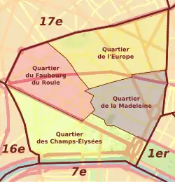Carte des quatre quartiers administratifs du 8e arrondissement.