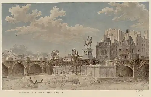 Dessin représentant les travaux pour l'élévation d'une statue sur le Pont-Neuf.