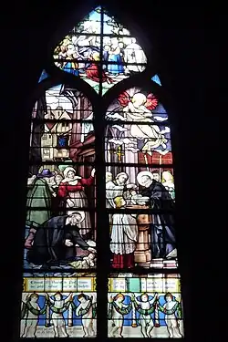 Paris, église Saint-Séverin, saint Vincent recueillant son premier bébé abandonné rue de la Huchette, sur le seuil de l'église Saint-Séverin.