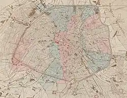 Plan de Paris où les parties de la ville sont coloriées avec une couleur par jour, du 21 mai au 27 mai