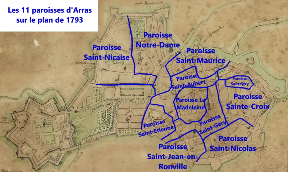 Les 11 paroisses d'Arras sur plan de 1793.