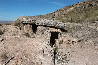 Dolmen 134, trapézoïdal à galerie ; il possède les plus grands orthostates et dalles du parc.