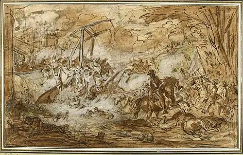 Affrontement de cavaliers sur un pont-levis devant les murailles d'une ville, musée du Louvre.