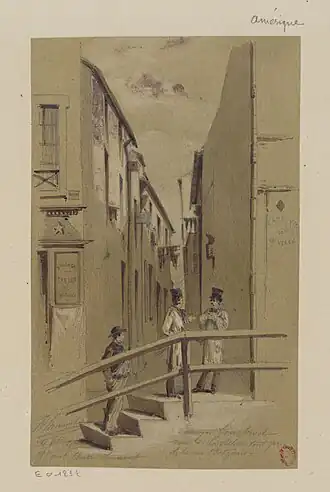Le débouché du passage « Loucheval » dans la rue de la Villette en 1892 (dessin de Jules-Adolphe Chauvet).
