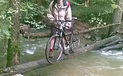 Passerelle sommaire sur l'Alzou en crue
