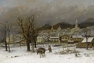 Paysage d'hiver avec vue sur une ville suisse en arrière-plan, peut-être Sion (1870).