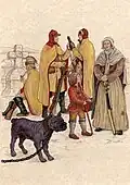 Guet à la Croix des Anglais près de Saint-Chély-d'Apcher, avec un dogue et un jeune berger. Le soldat de droite est déguisé en femme.