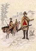 Les mêmes troupes légères, armées de sabres et de carabines à canon rayé, en patrouille au début de l'année 1765.