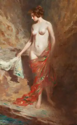 Nue au bord d'une rivière (huile sur toile).