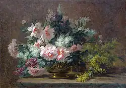 Pivoines et mimosa dans un vase en cuivre, huile sur toile signée en bas à gauche, 114&nbsp;×&nbsp;163&nbsp;cm