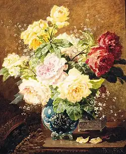 Roses in a vase with a silver casket on a ledge, huile sur toile, 53,3&nbsp;×&nbsp;46,3&nbsp;cm