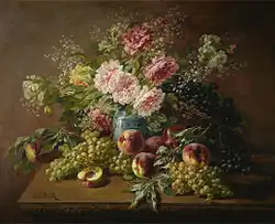 Nature morte avec fleurs, pêches et raisins (Still life with flowers, peaches and grapes), huile sure toile, 91,4&nbsp;×&nbsp;73,7&nbsp;cm