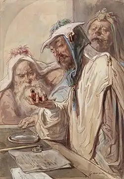 Gulliver dans la main d'un des trois géants philosophes de l'île de Brobdingnag