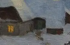 Peinture montrant des maisons aux toits enneigés avec une fenêtre éclairée
