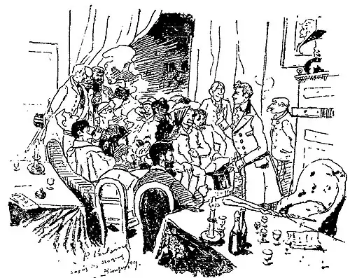 Dessin de Verlaine.Une soirée chez Verlaine à l'hôtel meublé de l'impasse Royer-Collard en 1889, paru dans La Plume en 1896.