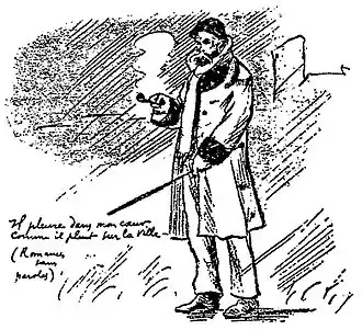 Frédéric-Auguste Cazals, Paul Verlaine. Hommage de l'artiste qui cite le vers « Il pleure dans mon cœur » (Romances sans paroles) à l'occasion de la mort du poète. Paru dans La Plume en 1896.