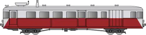 Autorail avec un bas de caisse rouge foncé et un haut de casse gris clair.