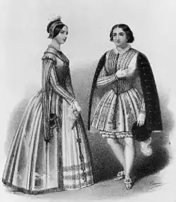 Pauline Viardot dans le rôle de Valentine (à gauche) et Marietta Alboni dans le rôle d'Urbain dans Les Huguenots de Meyerbeer, acte&nbsp;1, scène&nbsp;9, Covent Garden, (1848).