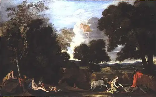 Paysage champêtre avec deux groupes de personnages à gauche et à droite, ainsi qu'un ange dans le ciel.