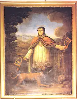 Le saint Bernard, peint sur toile de l'église de Meillerie (début du XVIIIe&nbsp;siècle) ajoute des fragments du temple et la tête de la statue de Jupiter et y retranche le bourdon. De plus il n'est plus vêtu de l'aumusse, mais d'une cape rouge, doublée d'étoffe bleuâtre.