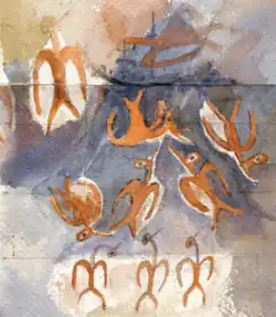 L'aquarelle représente dix oiseaux et le tracé d'un bateau. De bas en haut : trois oiseaux semblent debout sur leur pattes, au centre quatre oiseaux tournant l'un autour de l'autre, trois autres oiseaux plus en hauteur. L'oiseau le plus haut est peint par dessus le tracé d'un bateau.