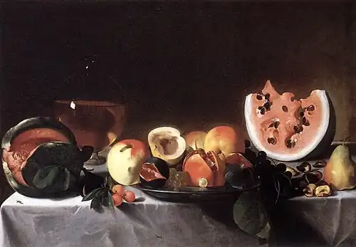 Pensionante del Saraceni (actif à Rome vers 1615-1625). Fruits et carafe de vin, vers 1615. Huile sur toile 51&nbsp;×&nbsp;72&nbsp;cm. National Gallery of Art, Washington.