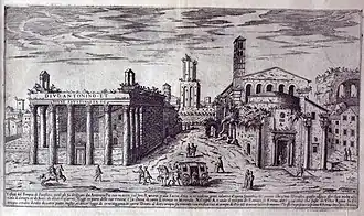 Gravure montrant le niveau d'ensablement du temple d'Antonin et Faustine, Dupérac, 1575.