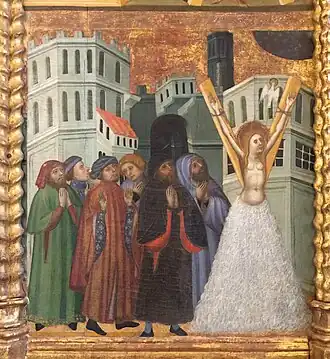 Détail du martyre par Pere Serra, retable de Sainte Claire et Sainte Eulalie (1403-1408), cathédrale de Segorbe.