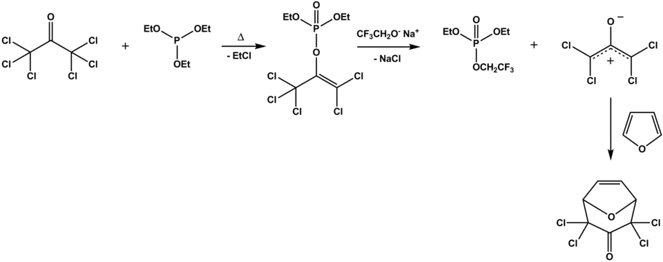 Réaction de Perkow entre l'hexachlorocétone et le phosphite de triéthyle formant un adduit.